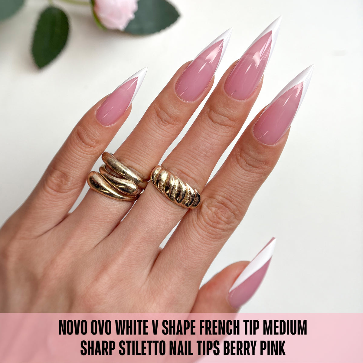 White V Shape French Tip Medium Sharp Stiletto Nail Tips Berry Pink