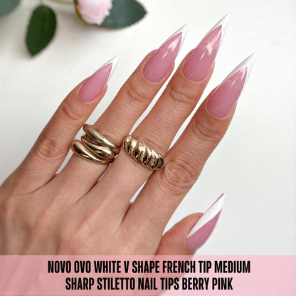 White V Shape French Tip Medium Sharp Stiletto Nail Tips Berry Pink