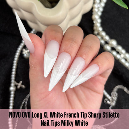 Long XL White French Tip Sharp Stiletto Nail Tips Milky White