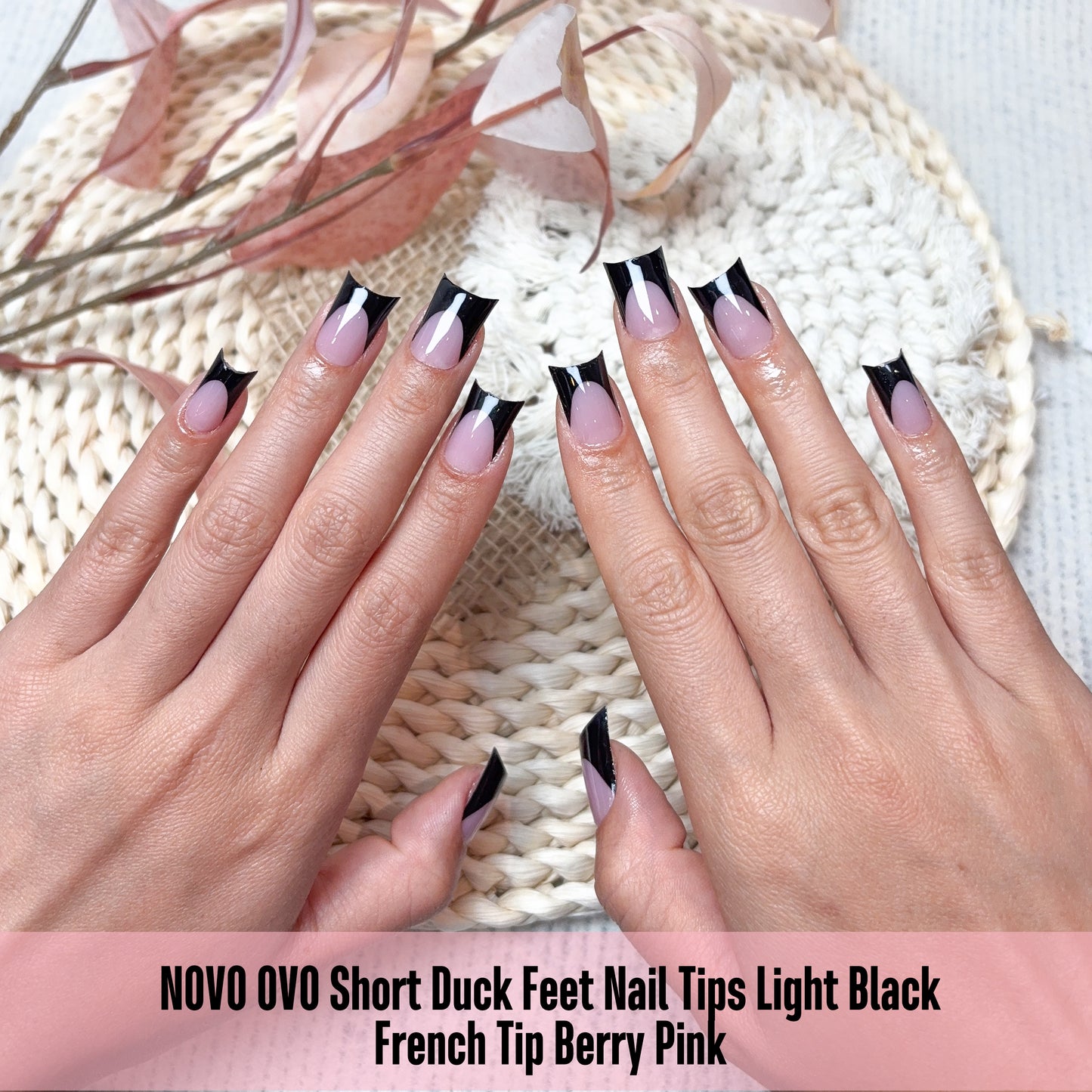 Duck Nails Short with Moon Curve Black French Tips Berry Pink
