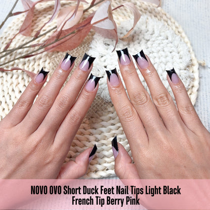 Duck Nails Short with Moon Curve Black French Tips Berry Pink