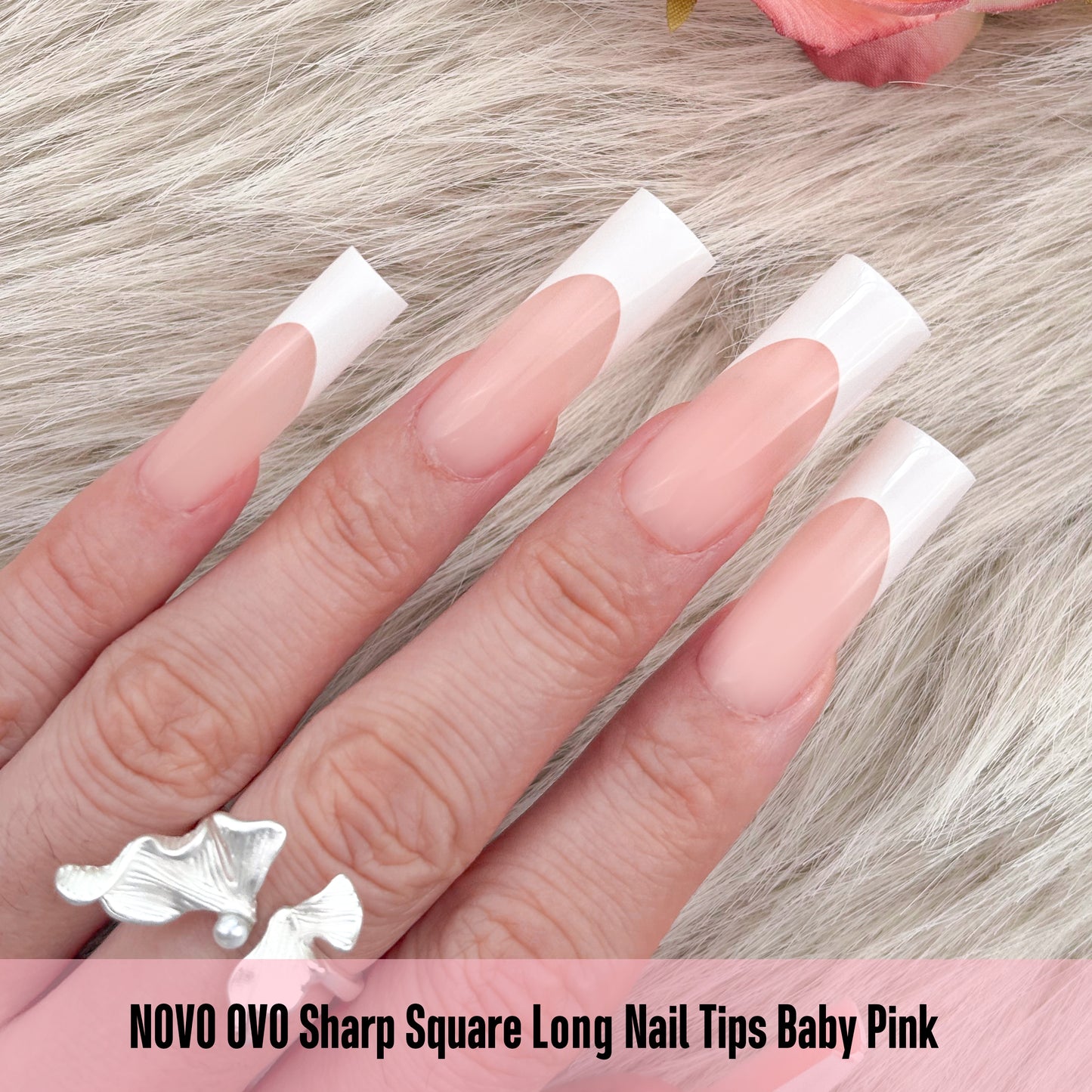 Long Sharp Square White French Tip Nail Tips Baby Pink 180