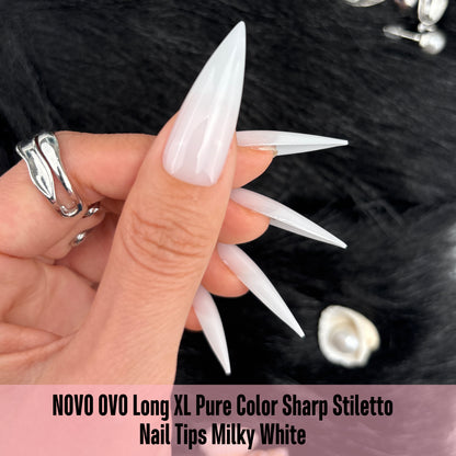 Long XL Pure Color Sharp Stiletto Nail Tips Milky White