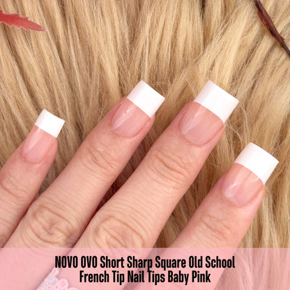 Short Sharp Square Nail Tips Wide White French Tip Baby Pink