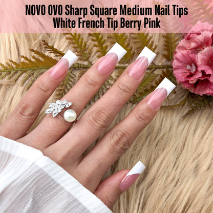 Medium Sharp Square White French Tip Nail Tips Berry Pink 180
