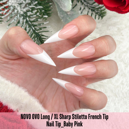 Long XL Sharp Stiletto White French Tip Nail Tips Baby Pink
