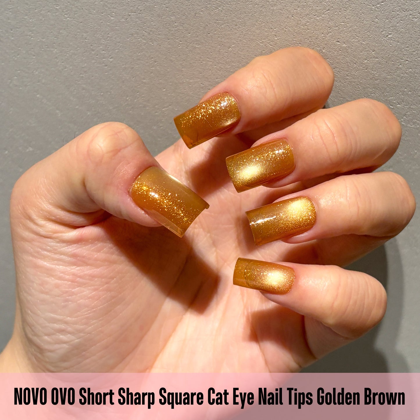 Short Sharp Square Cat Eye Nail Tips Golden Brown