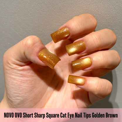 Short Sharp Square Cat Eye Nail Tips Golden Brown