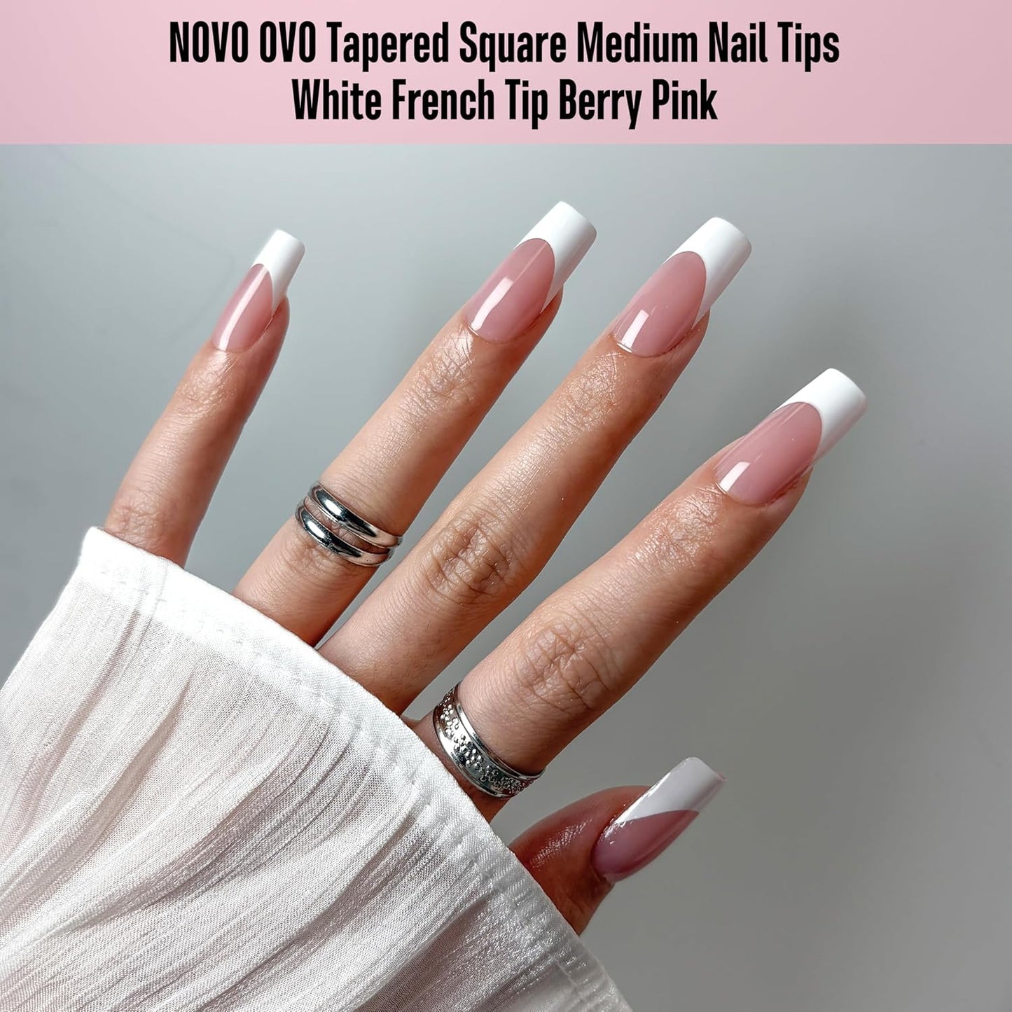 Square Medium White French Tip Berry Pink