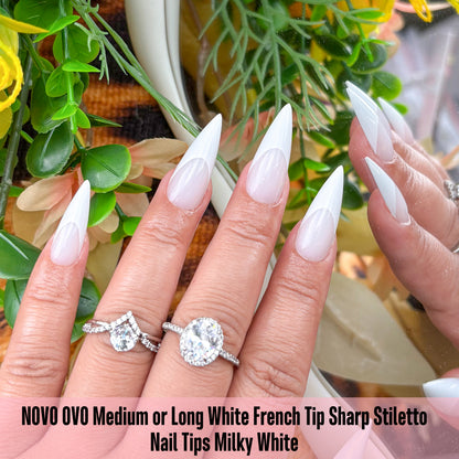 Medium or Long White French Tip Sharp Stiletto Nail Tips Milky White