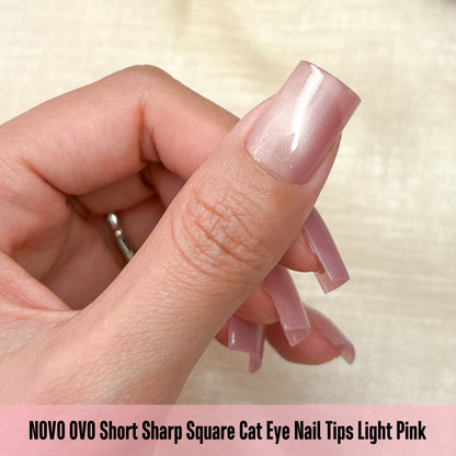 Short Sharp Square Cat Eye Nail Tips Light Pink