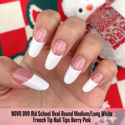 Medium Long Oval Round Old School White French Tip Berry Pink 240