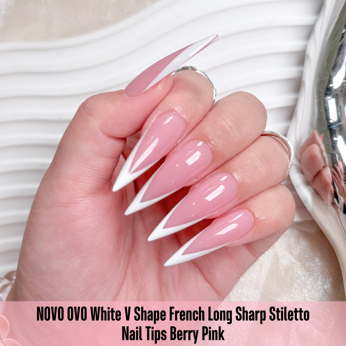 White V Shape French Long Sharp Stiletto Nail Tips Berry Pink