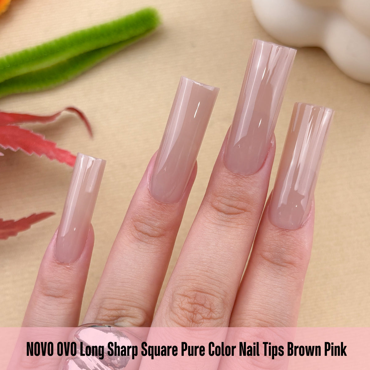 Long Sharp Square Pure Color Nail Tips Brown Pink 180