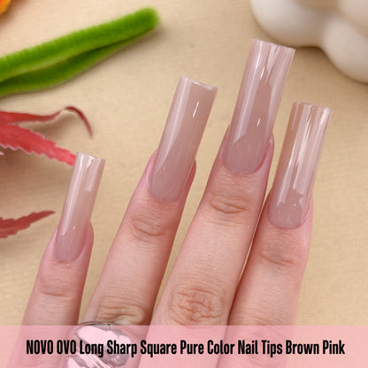Long Sharp Square Pure Color Nail Tips Brown Pink 180