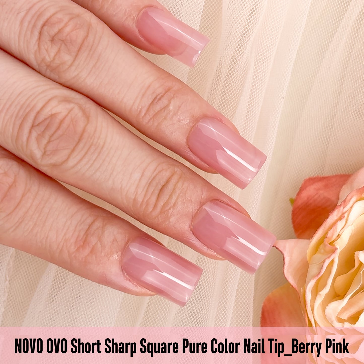 Short Sharp Square Nail Tips Pure Color Berry Pink
