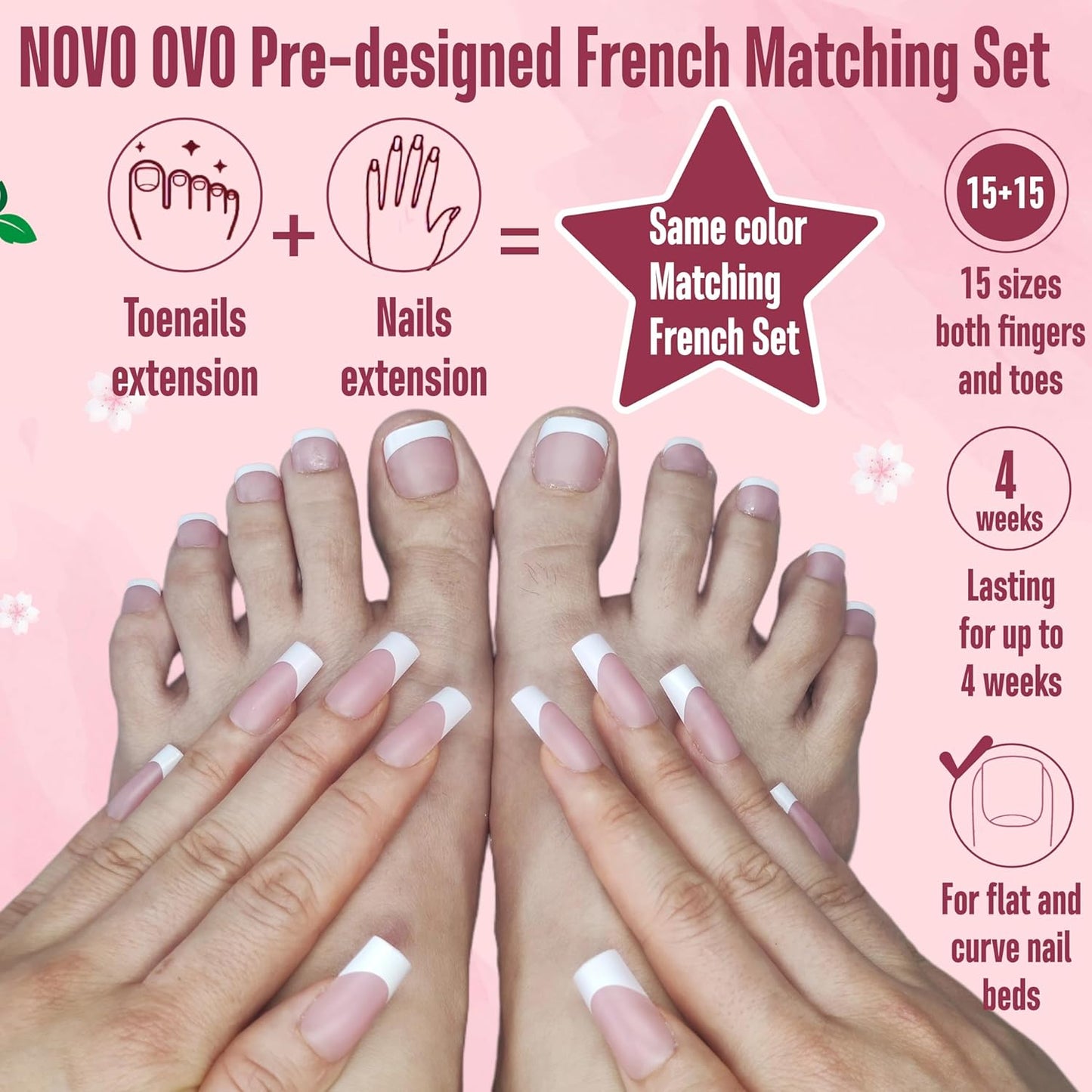 French Tip Nail Tips Set Berry Pink Hand And Foot