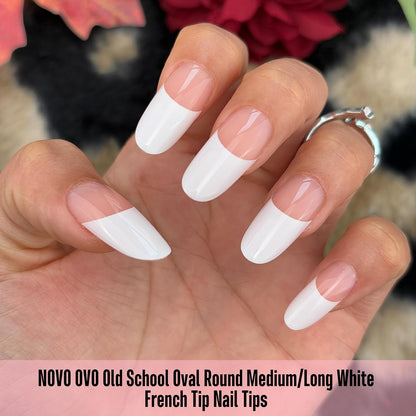 Medium Long Oval Round Old School White French Tip Baby Pink 240