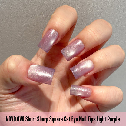 Short Sharp Square Cat Eye Nail Tips Light Purple