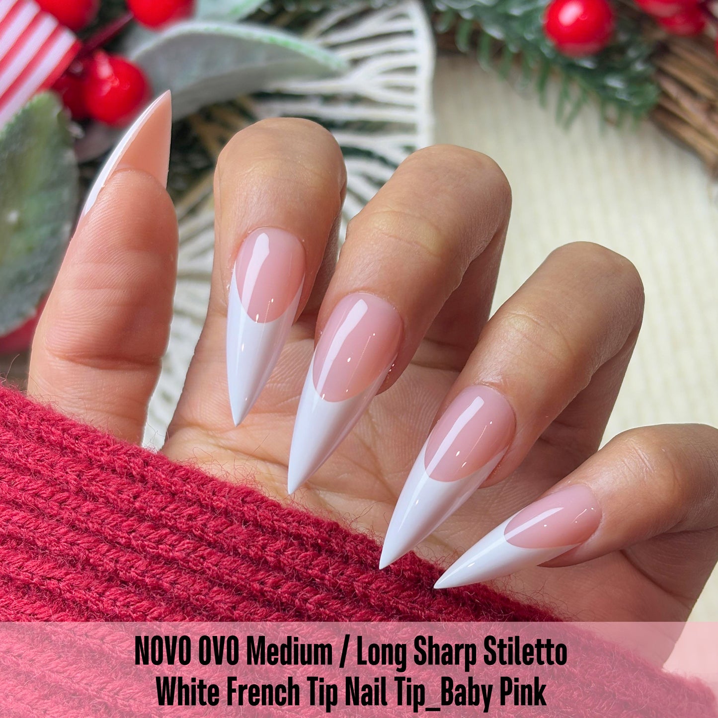 Medium or Long White French Tip Sharp Stiletto Nail Tips Baby Pink