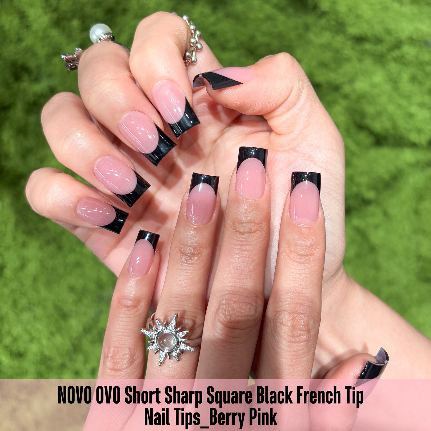 Short Sharp Square Nail Tips Black French Tip BERRY PINK
