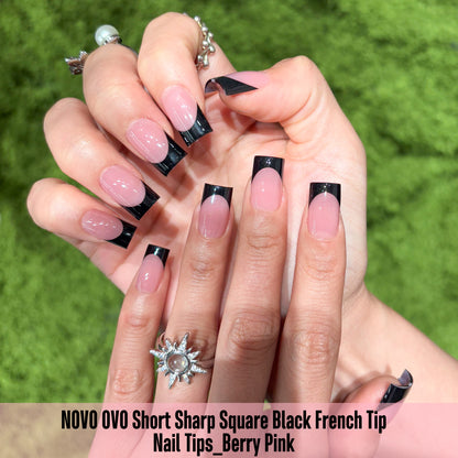 Short Sharp Square Nail Tips Black French Tip BERRY PINK