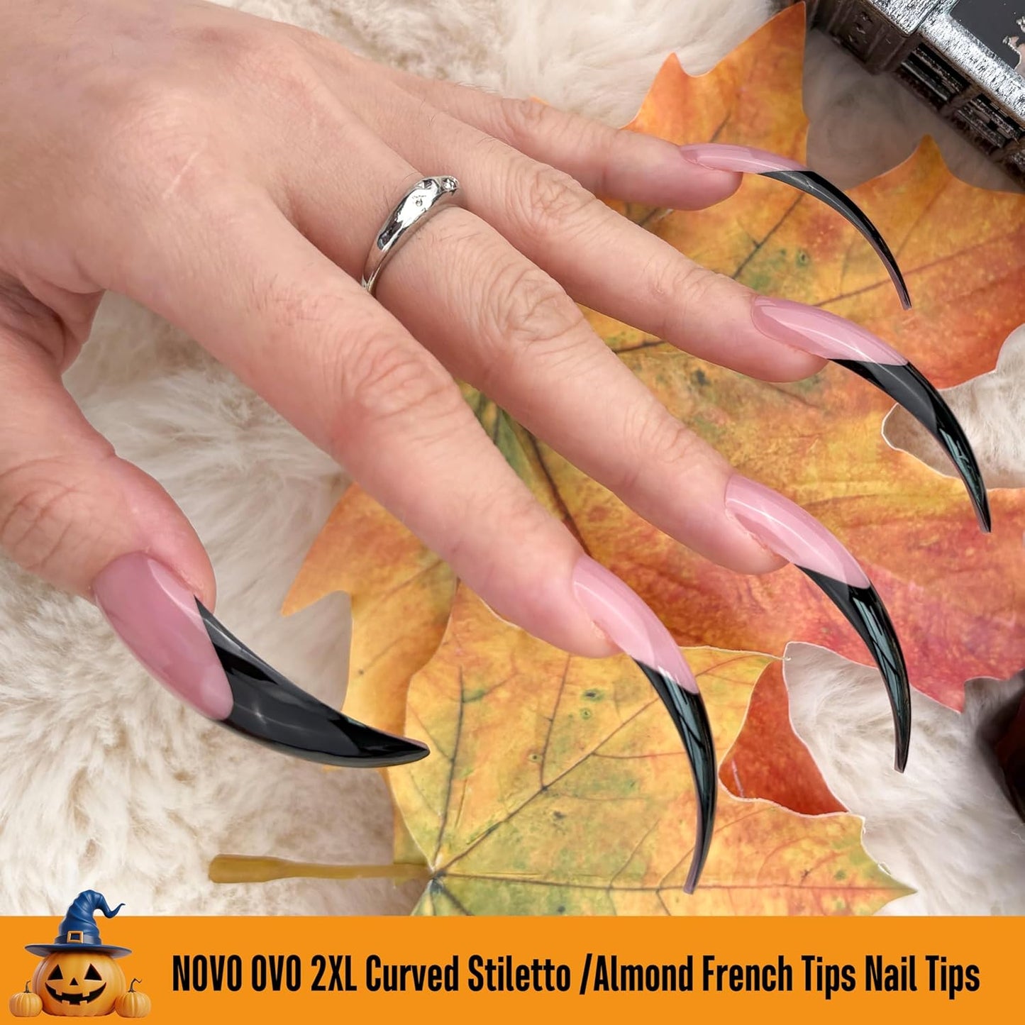 Halloween Black XXL Curved Stiletto Almond Black French Tip Nail Tips
