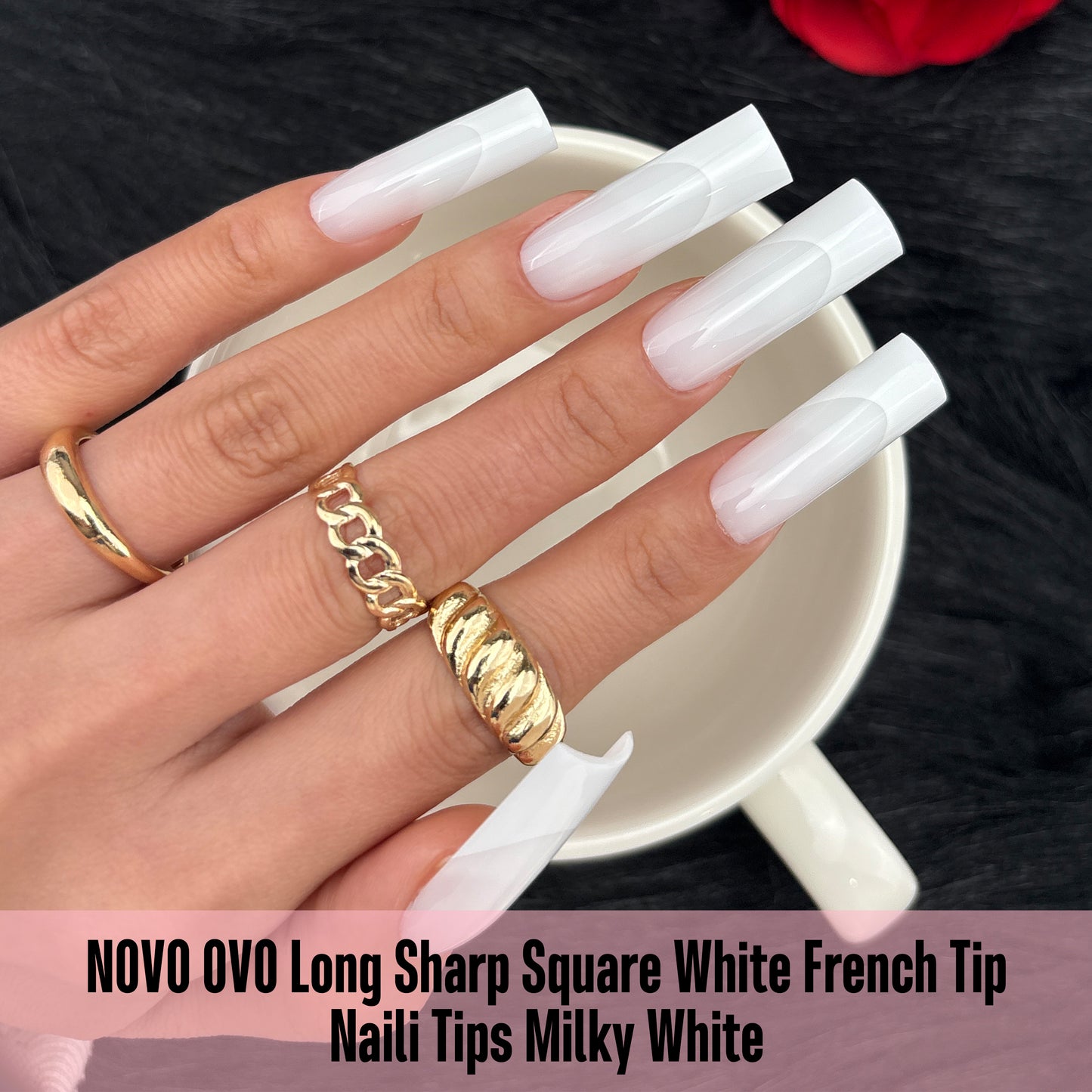 Long Sharp Square White French Tip Nail Tips Milky White
