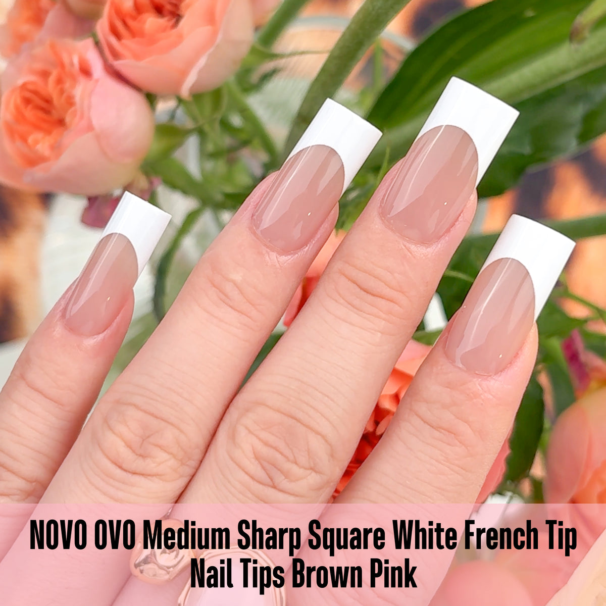 Medium Sharp Square White French Tip Nail Tips Brown Pink 180