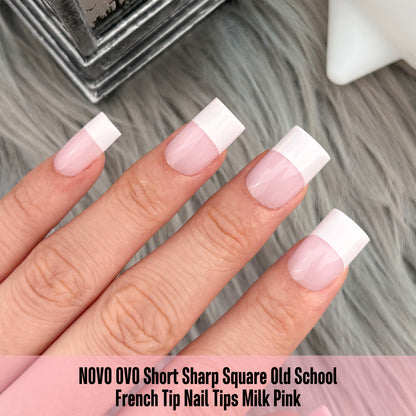 Short Sharp Square Nail Tips Wide White French Tip Milky Pink
