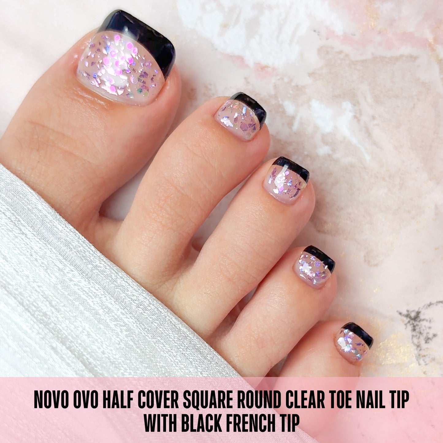 Half Cover Round Clear Toe nail tip with Black French Tip