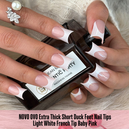 Duck Nails Short with Moon Curve Light White French Tips Baby Pink