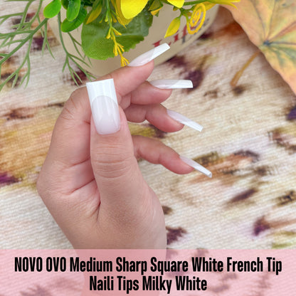 Meidum Sharp Square White French Tip Nail Tips Milky White 180