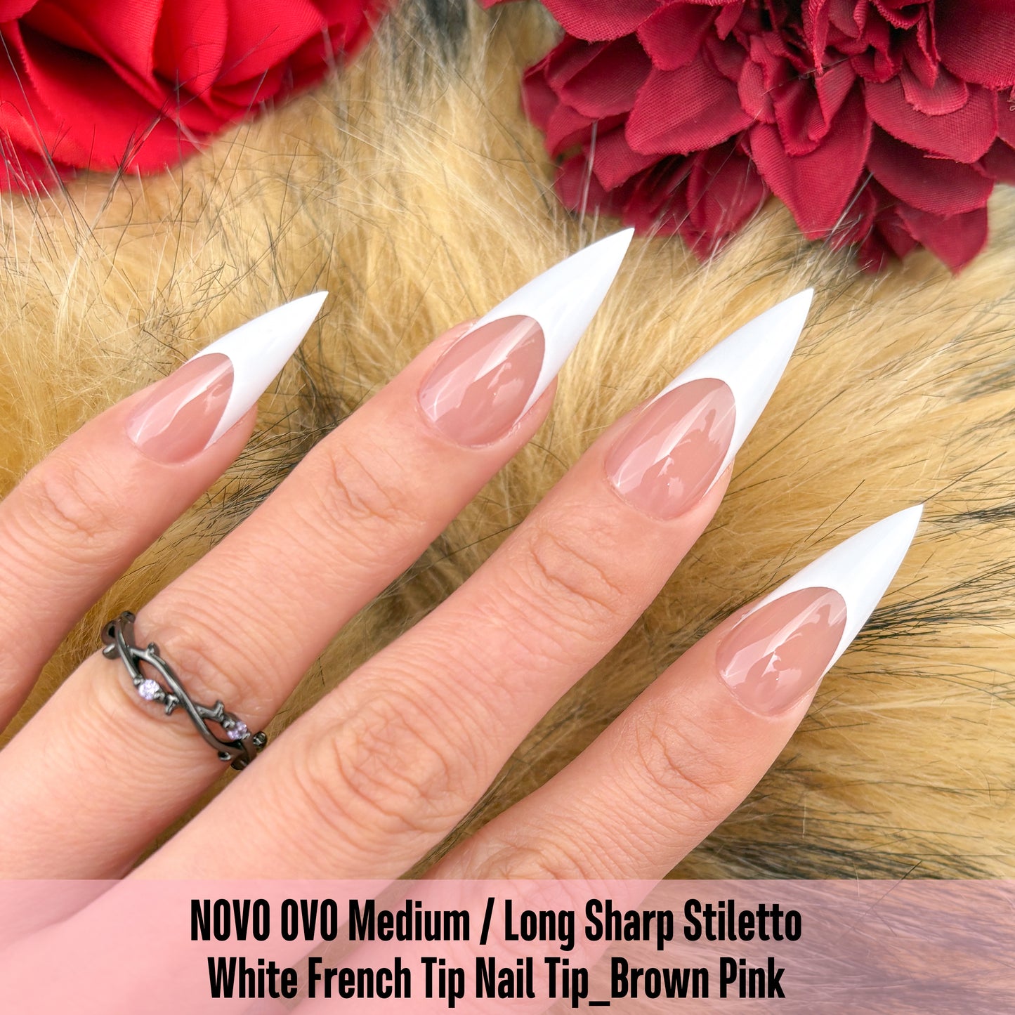 Medium or Long White French Tip Sharp Stiletto Nail Tips Brown Pink
