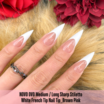 Medium or Long White French Tip Sharp Stiletto Nail Tips Brown Pink