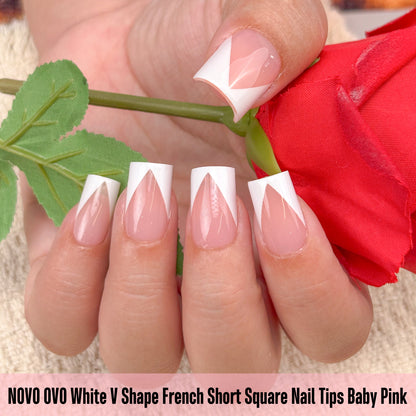 White V Shape French Short Square Nail Tips Baby Pink 240