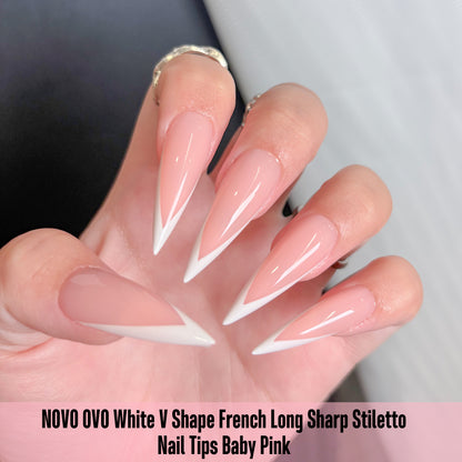 White V Shape French Long Sharp Stiletto Nail Tips Baby Pink