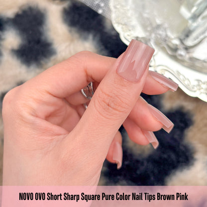 Short Sharp Square Pure Color Naili Tips Brown Pink 240