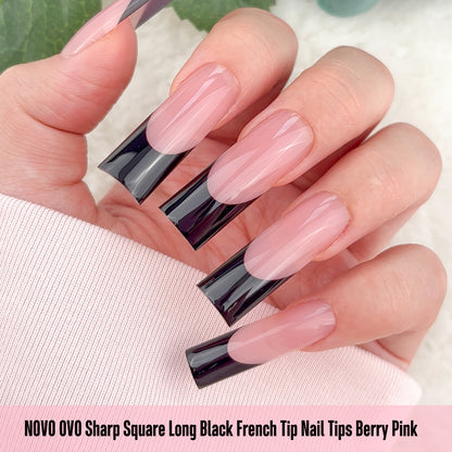Long Sharp Square Black French Tip Nail Tips Berry Pink 180