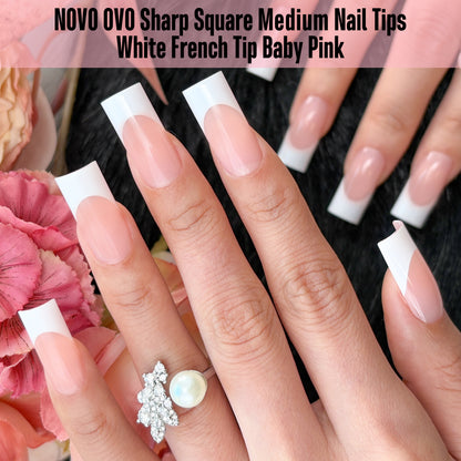 Medium Sharp Square White French Tip Nail Tips Baby Pink 180