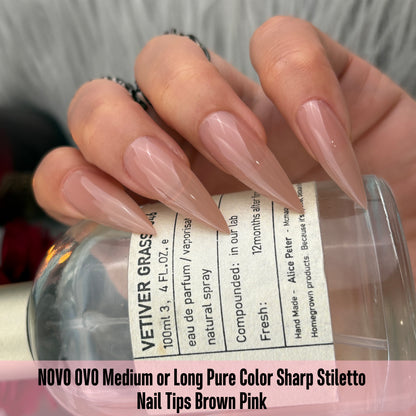 Medium or Long Pure Color Sharp Stiletto Nail Tips Brown Pink