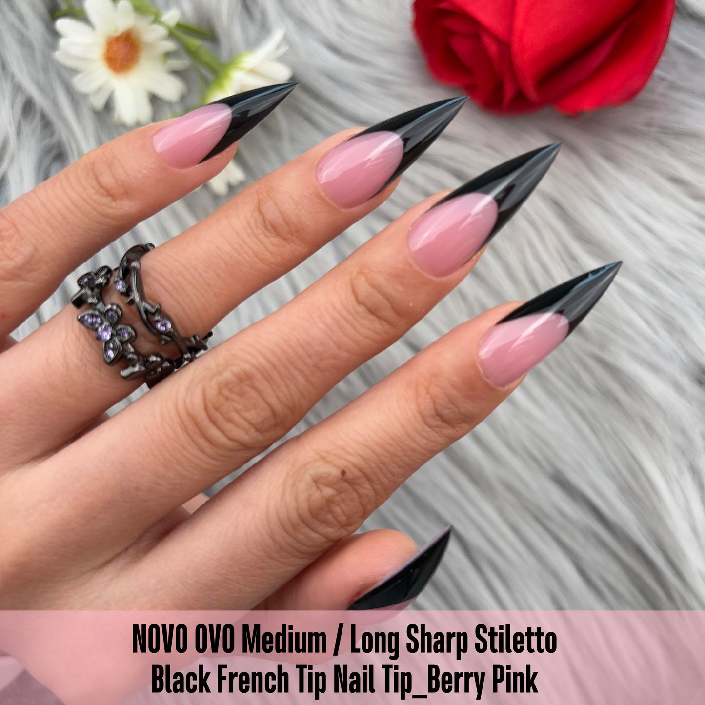Medium or Long Black French Tip Sharp Stiletto Nail Tips Berry Pink