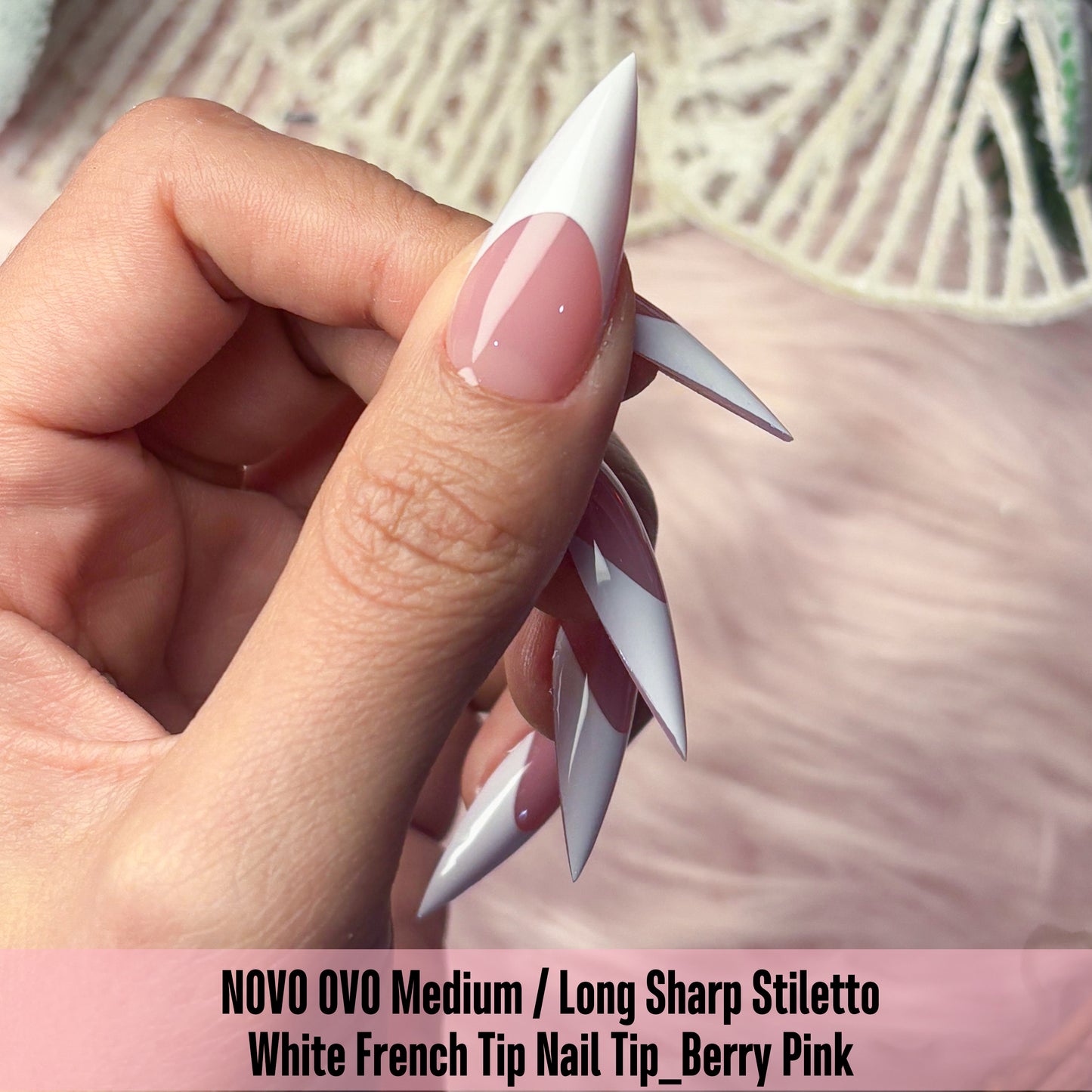 Medium or Long White French Tip Sharp Stiletto Nail Tips Berry Pink