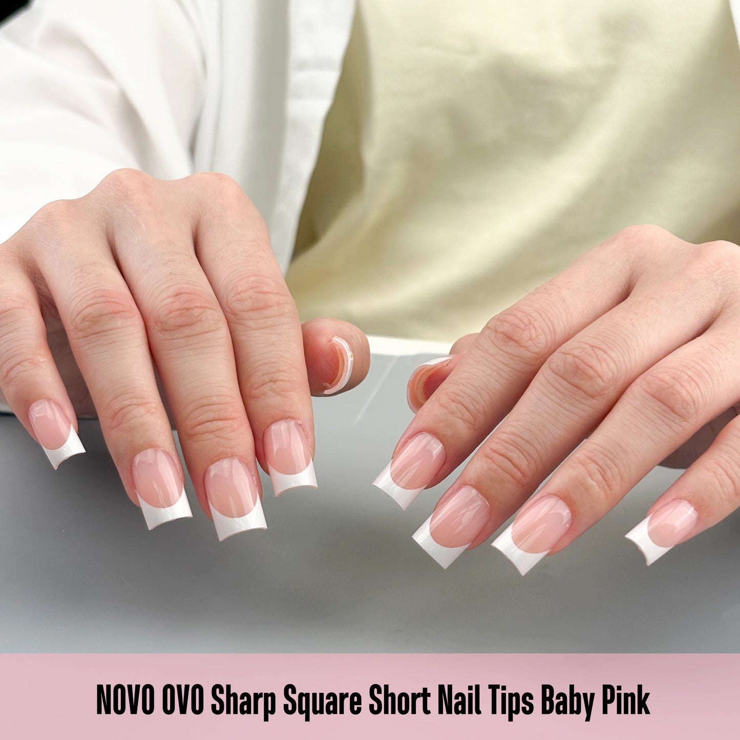 Short Sharp Square Nail Tips White French Tip Baby Pink