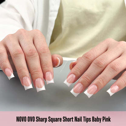 Short Sharp Square Nail Tips White French Tip Baby Pink