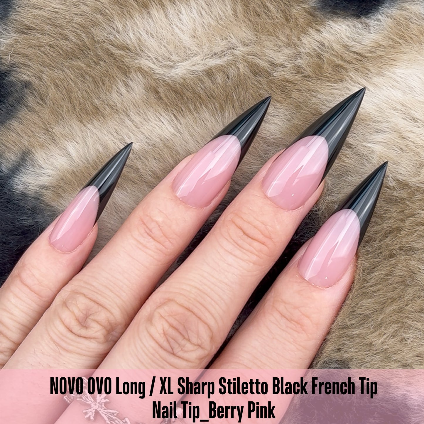 Long XL Sharp Stiletto Black French Tip Nail Tips Berry Pink