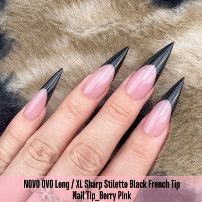 Long XL Sharp Stiletto Black French Tip Nail Tips Berry Pink