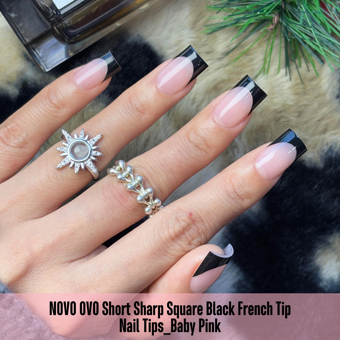 Short Sharp Square Nail Tips Black French Tip BABY PINK
