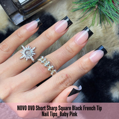 Short Sharp Square Nail Tips Black French Tip BABY PINK