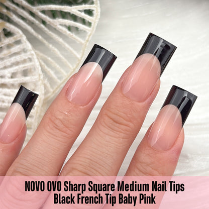 Meidum Sharp Square Black French Tip Nail Tips Baby Pink 180
